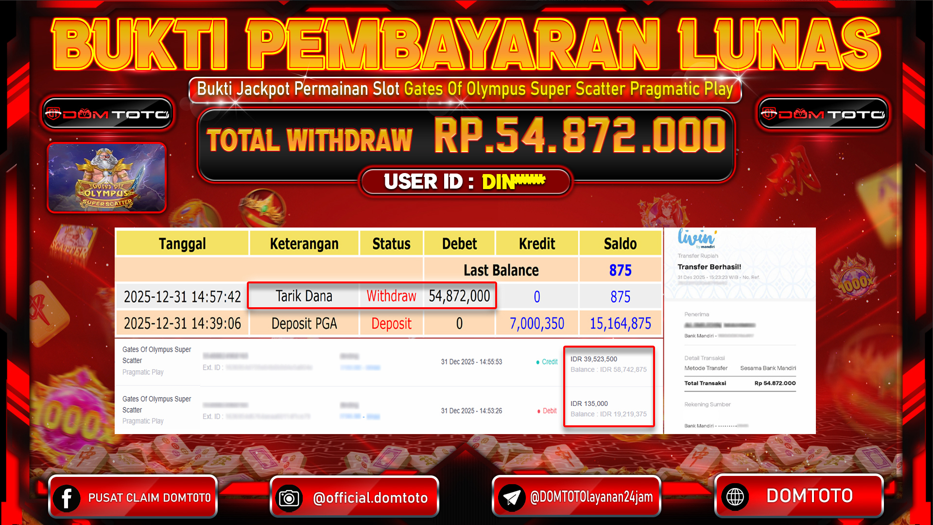 JACKPOT Slot Gates Of Olympus Super Scatter Pragmatic Play  31 DECEMBER 2025